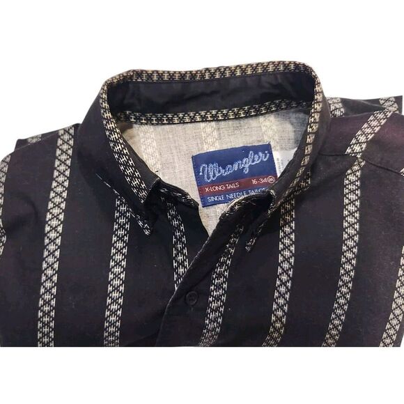 Vtg Wrangler Shirt Men 16 35‎ Striped Aztec Black White Long Tails Western - Picture 1 of 12